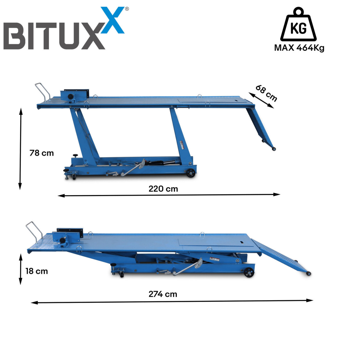Nůžkový zvedák na motorku Hydraulický s nožní pumpou 464 kg Bitux MS19471